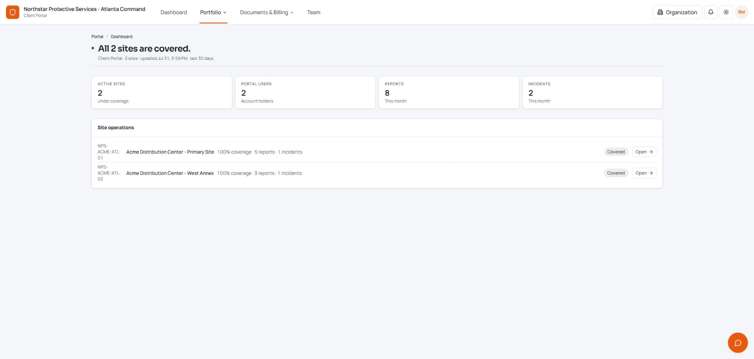 Arcova OS client portal showing coverage, activity, invoices, and documents
